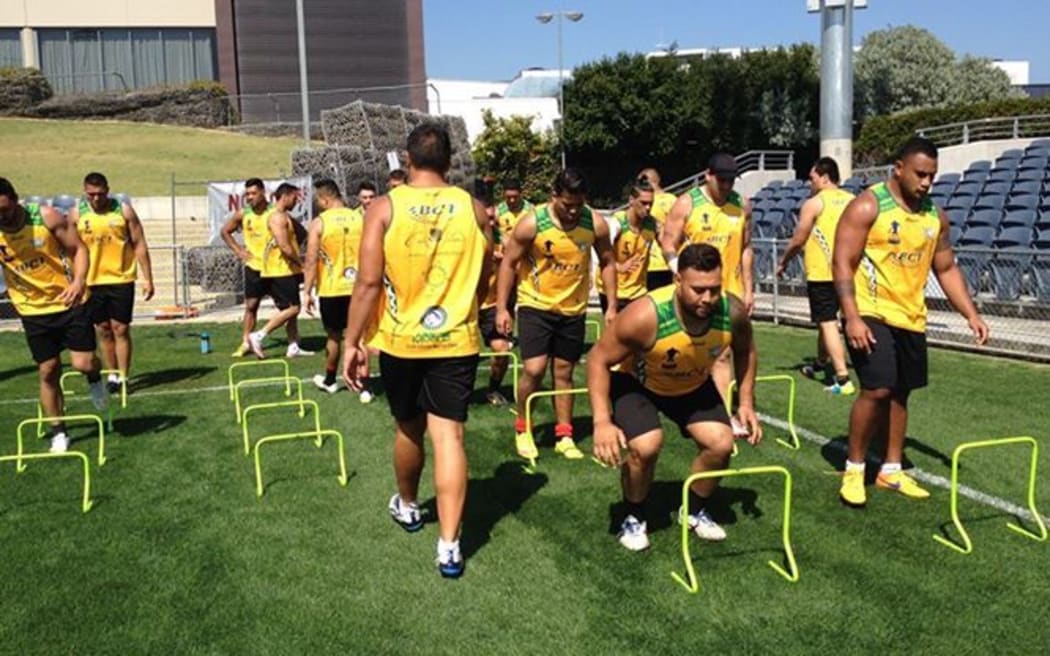 Cook Islands players training before their Rugby League World Cup qualifying match against Tonga.