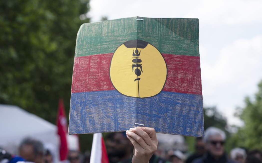 France, Paris, 2024-05-25. Demonstration in support of Kanaky (New Caledonia) against the unfreezing of the electoral body, Place de la Republique, in Paris. May 25, 2024. Photography by Fiora Garenzi / Hans Lucas.
France, Paris, 2024-05-25. Manifestation en soutien a Kanaky (Nouvelle Caledonie) contre le degel du corps electoral. Le 25 mai 2024, a Paris. Photographie par Fiora Garenzi / Hans Lucas. (Photo by Fiora Garenzi / Hans Lucas via AFP)