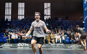Paul Coll celebrates winning the 2021 British Open after beating Ali Farag (Egypt) 6-11, 11-6, 11-6, 11-8 in the final in Hull.