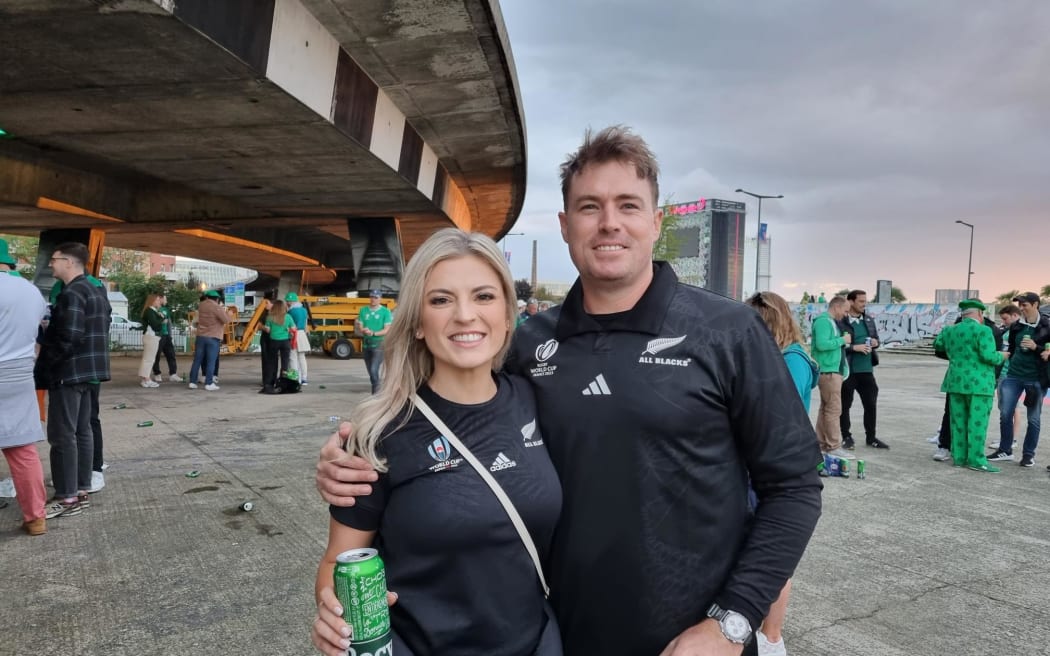 All Blacks fans outside the Stade de France, before the All Blacks vs Ireland quarter final match, on 15 October, 2023.