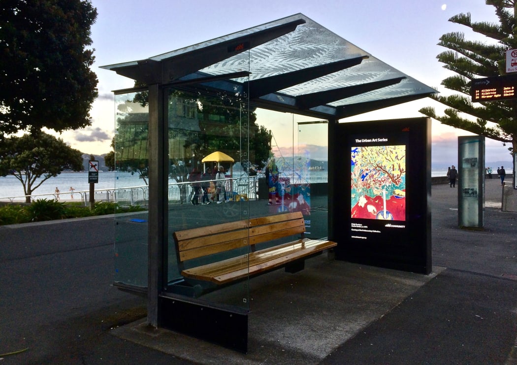 Philip Trusttum on Oriental Bay bus shelter - Parliamentary Art Collection