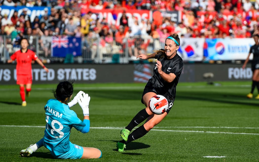 Gabi Rennie of New Zealand attemps a shot at goal against South Korea in Christchurch, 2022.