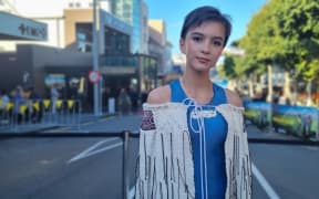 Elizabeth Atkinson - who plays the lead character Sam - wore her great grandmother's korowai to the world premier of The Mountain at the TSB Showplace in New Plymouth.