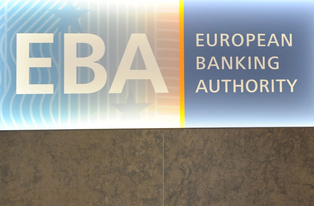 The European Banking Authority (EBA) logo is seen at the EBA offices in London's Canary Wharf financial district on March 23, 2017.