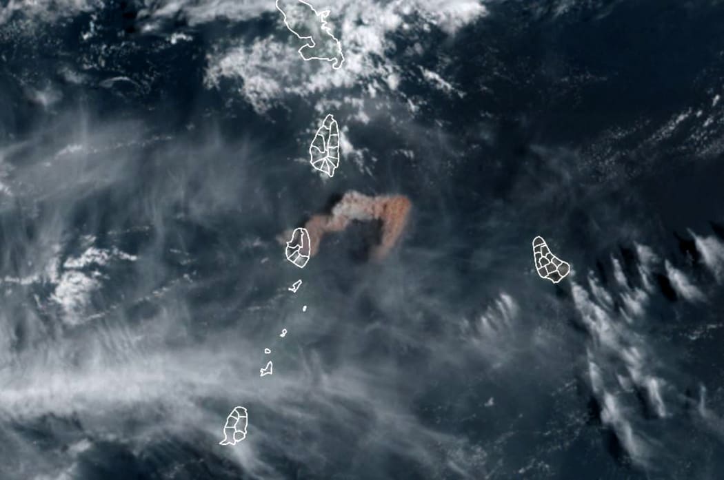 April 9, 2021, image from the National Oceanic and Atmospheric Administration shows the eruption of La Soufriere Volcano in Saint Vincent.