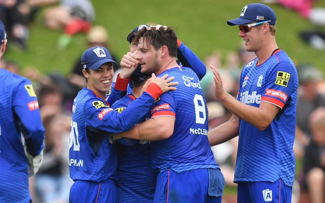 The Ace's celebrate Firebirds' Devon Conway being caught during the Super Smash cricket Final.