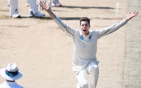 Mitchell Santner appeals on Day 5. 1st Test match. New Zealand Black Caps v England. International Cricket at Bay Oval, Mt Maunganui, New Zealand. Monday 25 November 2019 © Copyright Photo: Andrew Cornaga / www.photosport.nz