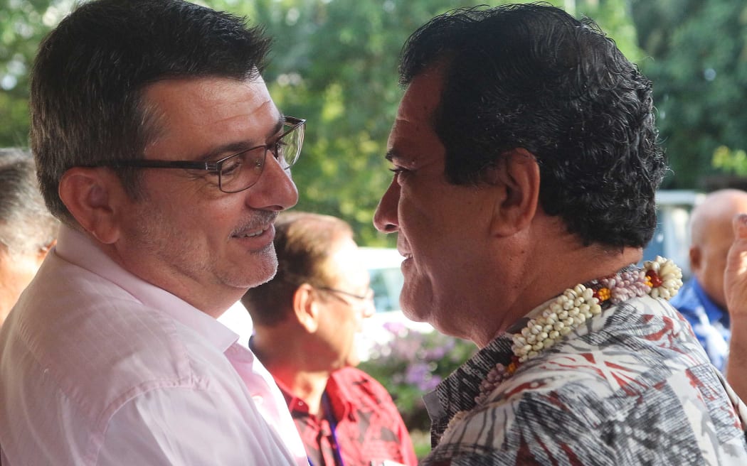 The president of New Caledonia, Philippe Germain, and the president of French Polynesia, Edouard Fritch, after their territories were admitted as full members of the Pacific Islands Forum.