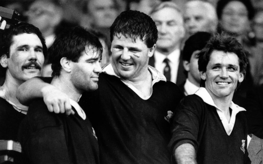 L-R: Steve McDowell, Sean Fitzpatrick and captain David Kirk celebrate winning the 1987 Rugby World Cup final against France on 20th June 1987.
Copyright photo: www.photosport.co.nz
