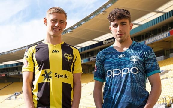 Ben Waine (left) and Sam Sutton in the club's home and away strips for the 2021/2022 A-League season.