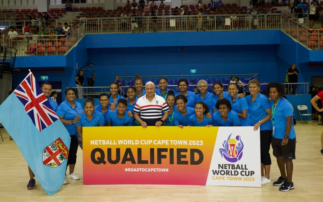 The World Cup-bound Fiji netball squad with Prime Minister Frank Bainimarama