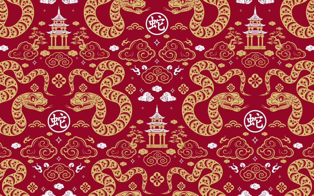 Seamless pattern happy chinese new year 2025 the snake zodiac sign with asian elements paper cut style on color background. ( Translation : happy new year 2024 year of the snake )&#xA;