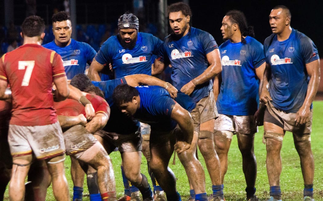 Samoa and Wales prepare to pack down. Wales won the Apia contest 19-17