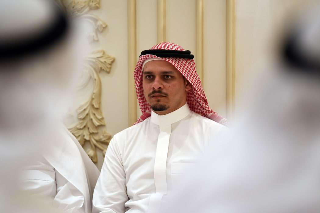 Salah Khashoggi, the son of murdered Saudi journalist Jamal Khashoggi, and his relatives receive mourners at an events hall in the Saudi coastal city of Jeddah on November 16, 2018.