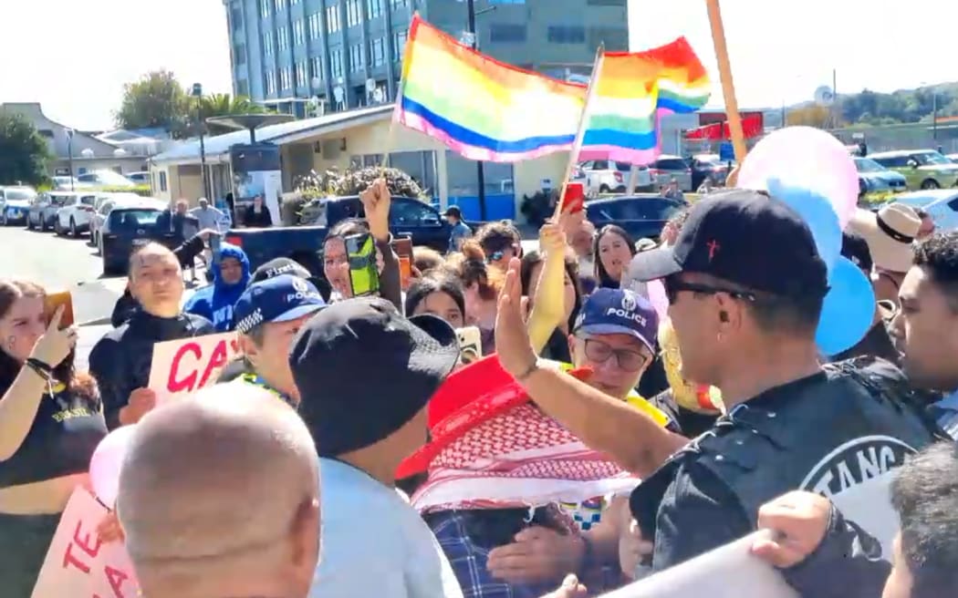 Tensions were high outside the Gisborne Library where protesters were clashing.