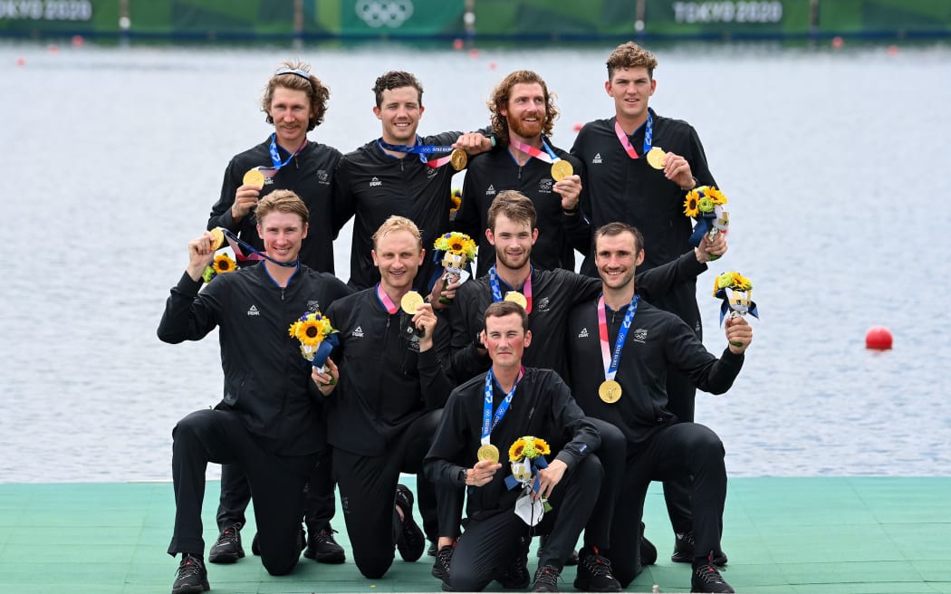 Men's eight gold medallists; Matt Macdonald (stroke), Shaun Kirkham, Phillip Wilson, Dan Williamson, Michael Brake, Tom Murray, Hamish Bond, Tom Mackintosh (bow) and Sam Bosworth (coxswain) Tokyo 2020 Olympic Games Rowing at Tokyo, Japan on Friday 30th July 2021.