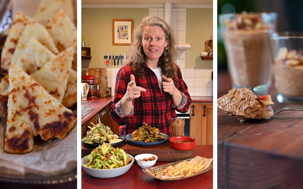 Chef Del Holland with a feast she made from food waste.