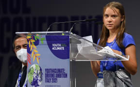 Swedish climate activist Greta Thunberg delivers a speech at  the Youth4Climate event on September 28, 2021 in Milan.