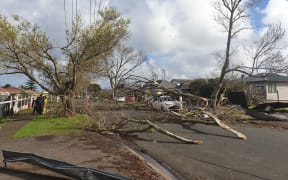 Damage at Freyburg Avenue after a tornado in the Auckland suburb of Papatoetoe.