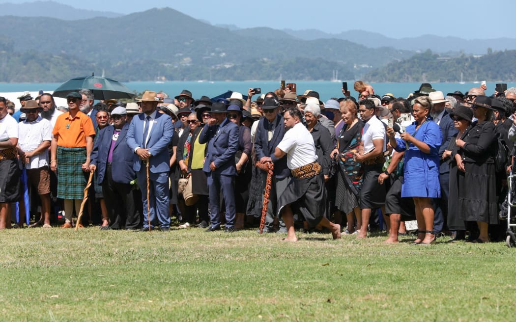 About 400 manuhiri assembled for the pōwhiri, including representatives from Kīngitanga, Rātana, Parihaka and Te Pāti Māori are welcomed on to Te Whare Rūnanga at the Treaty grounds, on 4 February, 2024.