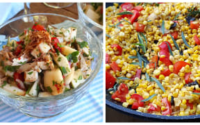 White Peach Chicken salad (L) and Sweetcorn with Red Pepper Salad