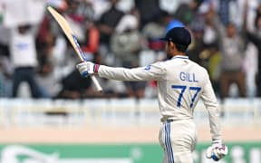 India's Shubman Gill celebrates after scoring a half-century during the fourth Test cricket match between India and England 2024
