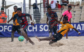 Vanuatu's Evaristo Kapalu shoots. OFC Beach Soccer Nations Cup 2019, Vanuatu v New Caledonia, Aorai Tini Hau, Tahiti, Wednesday 19th June 2019.