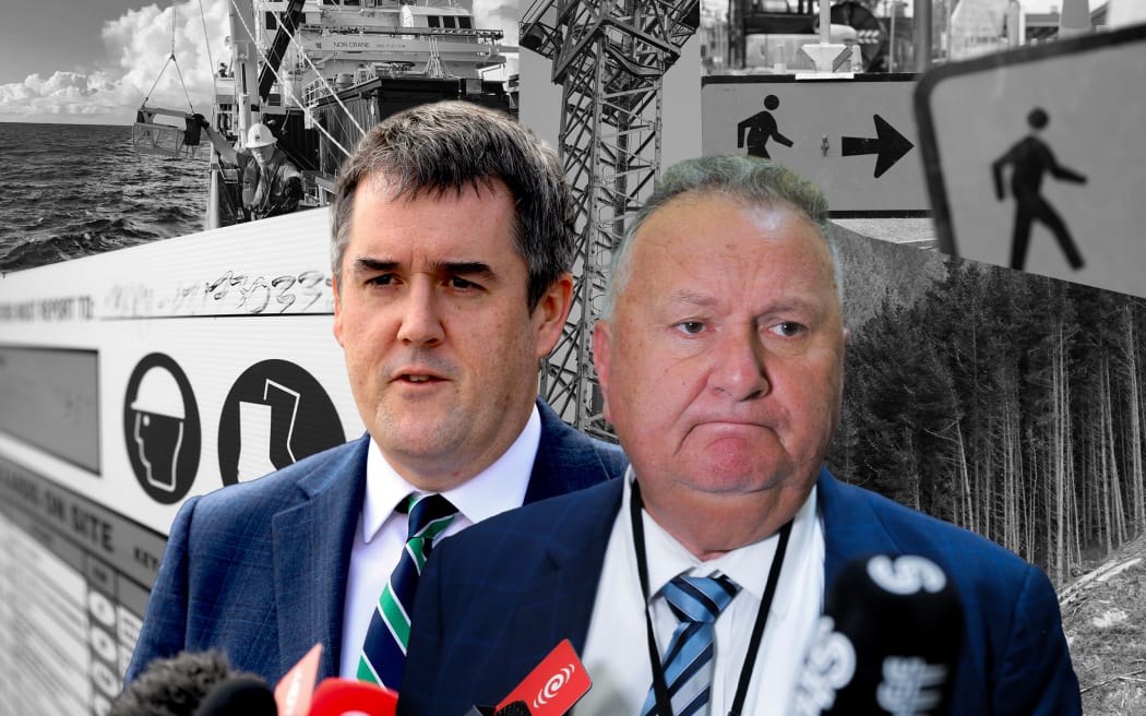 Composite of Chris Bishop and Shane Jones with images of construction, mining, forestry and fishing.
