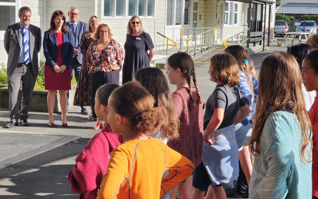 Chris Bishop and Erica Stanford at Boulcott School in Lower Hutt.