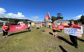 The lunchtime picket outside the entrance to West Coast DHB's Greymouth Te Nikau Hospital.