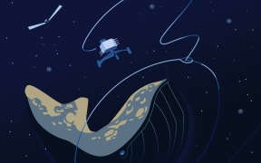 An illustration of the Spacecraft Philae and Comet 67P.