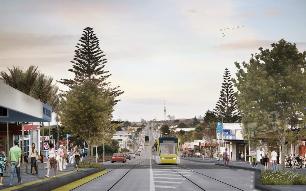 An artists' visualisation for Auckland Transport of light rail in Mt Roskill.