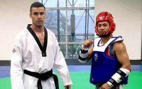 Tonga's Pita Taufatofua and coach Master Paula Sitapa training in Rio.