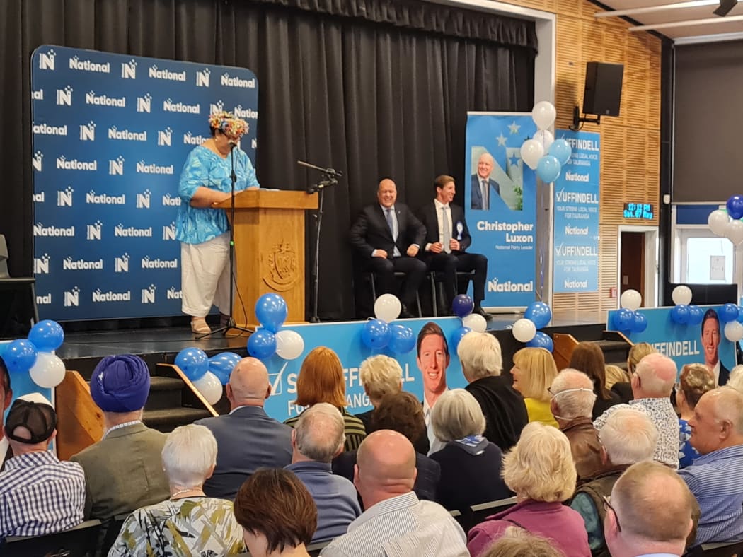 National Party leader Christopher Luxon and candidate Sam Uffindell (right, onstage) at the Tauranga by-election launch.