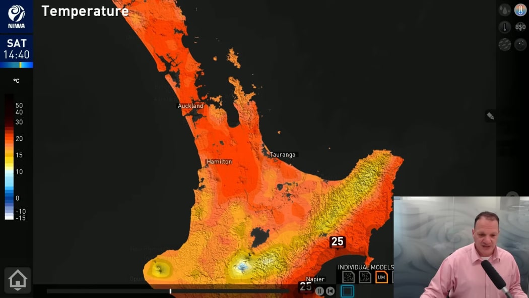A NIWA weather forecast map, taken from a YouTube screenshot, shows high temperatures across the upper North Island.