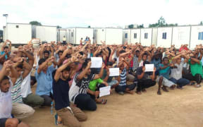 Refugees protest in the unfinished West Lorengau Transit Centre, 27-11-17.