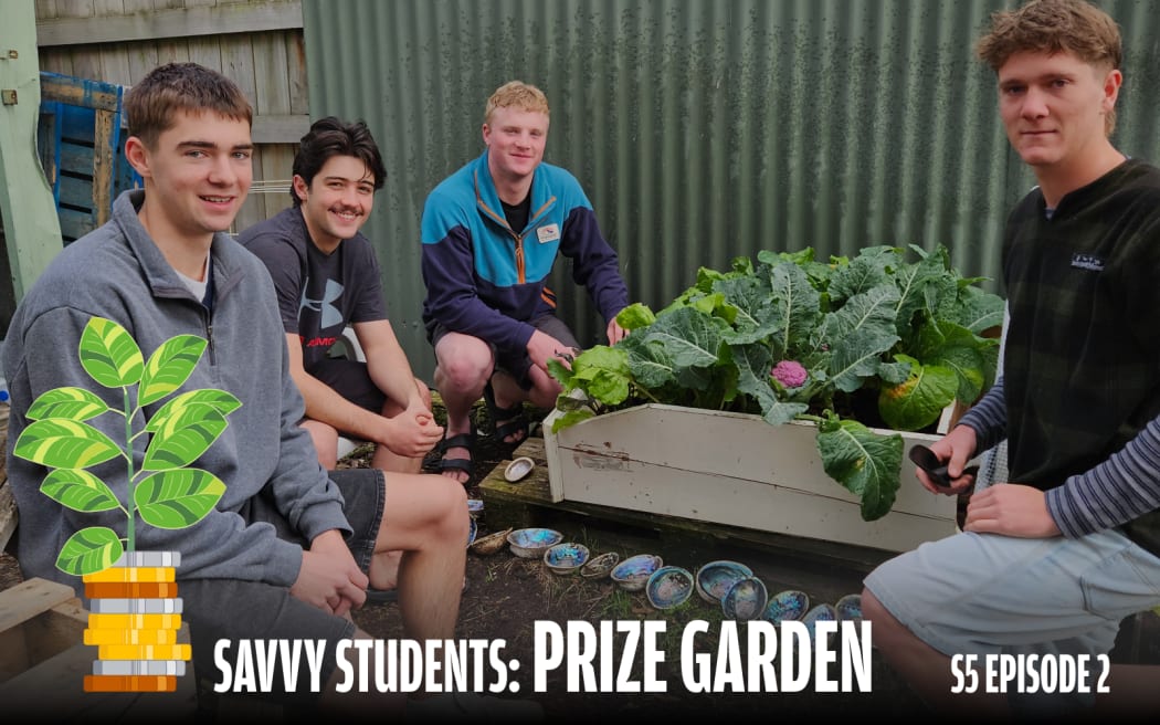 Four young men sit and kneel around a lush raised garden bed filled with leafy greens and colorful cauliflower. They are outdoors, smiling at the camera. Text reads “Savvy Students: Prize Garden – S5 Episode 2” with an illustrated stack of coins sprouting leaves.