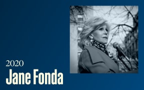 A woman address a crowd outdoors, text reads "2020, Jane Fonda"