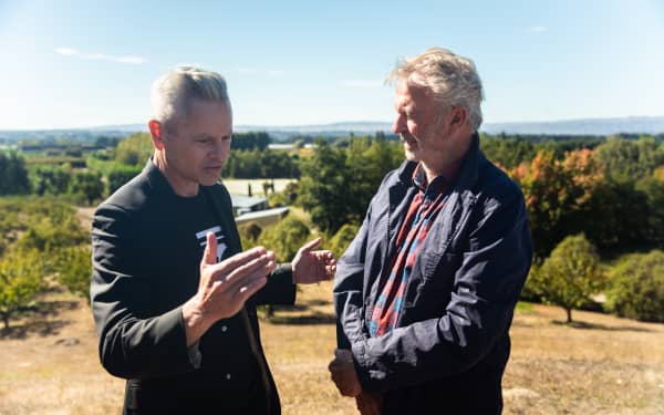 Sam Neill and Guyon Espiner sit down for an interview as part of 30 with Guyon Espiner, on location at Two Paddocks in Central Otago.