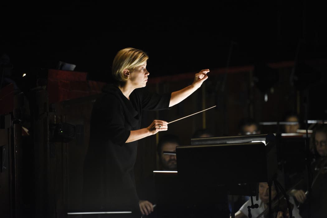 Conductor Karen Kamensek leading a rehearsal at The Met