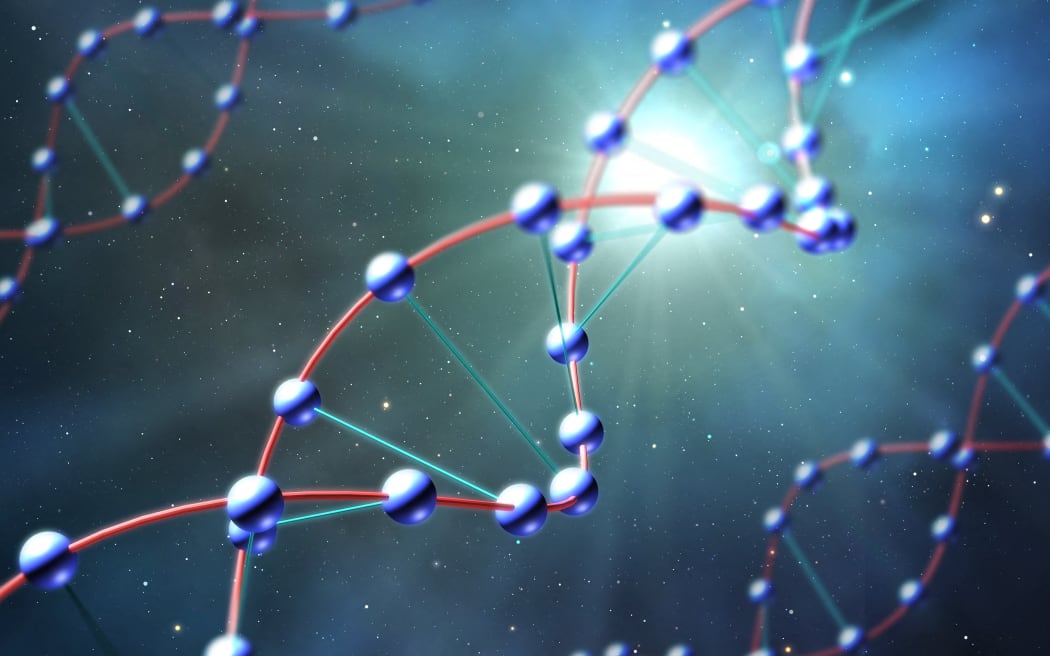 DNA in space, conceptual illustration. It is thought that micro-organisms could survive the harsh conditions of space transported on the surface of space debris, such as comets and meteorites. These micro-organisms may form life on other planets if there are suitable conditions. The panspermia theory suggests the idea that life on Earth originated in this manner. (Photo by MARK GARLICK/SCIENCE PHOTO LIBRA / MGA / Science Photo Library via AFP)