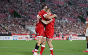 12.07.25 - Japan v Wales - Summer Series - Second Test - Josh Adams of Wales celebrates scoring a try with team mates