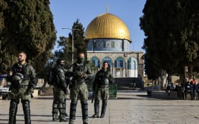 Members of Israeli security forces guard the Al-Aqsa Mosque compound following clashes that erupted during Islam's holy fasting month of Ramadan in Jerusalem.