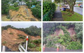 Images show damage and debris following torrential rains across Auckland and the upper North Island in January 2023. Clockwise from top left: A slip is seen below a house in Beach Haven on Auckland's North Shore, debris piled up on the roadside in Browns Bay, trees at the bottom of a slip on Ngapipi Road in Ōrākei, damage to SH25A on the Coromandel Peninsula.