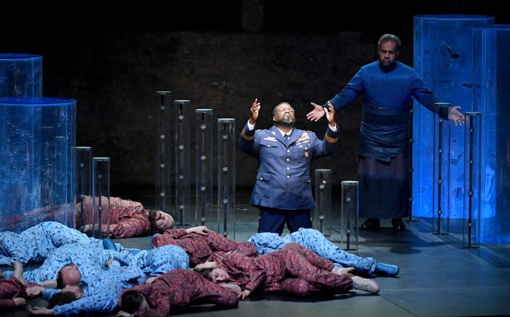 Jonathan Lemalu (right), rehearsing  "Idomeneo" during the Salzburg Festival in Austria, in 2019.