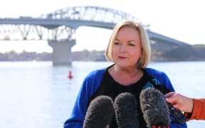National Party leader Judith Collins speaks after the government's announcement of a second harbour bridge - for pedestrians and cyclists - in Auckland.