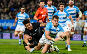 Emiliano Boffelli of Argentina scores against the All Blacks in Nelson.