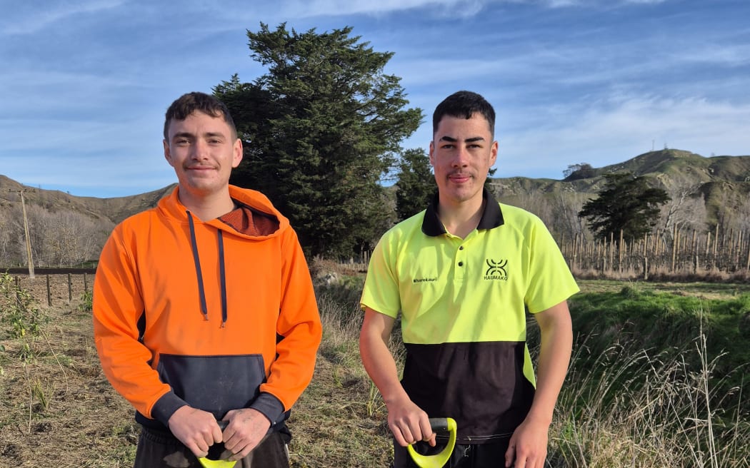 From left: George Cox and Wharekauri Kaimoana, two of the trust's horticulture cadets.