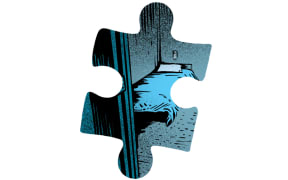 Dark graphic novel style illustration of a youth justice residence bed framed in a puzzle piece.
