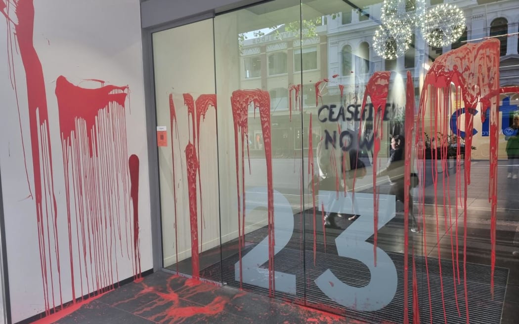 Red paint dripping down the doors of the United States consulate and Ministry of Foreign Affairs building in Auckland on 14 November, 2023.